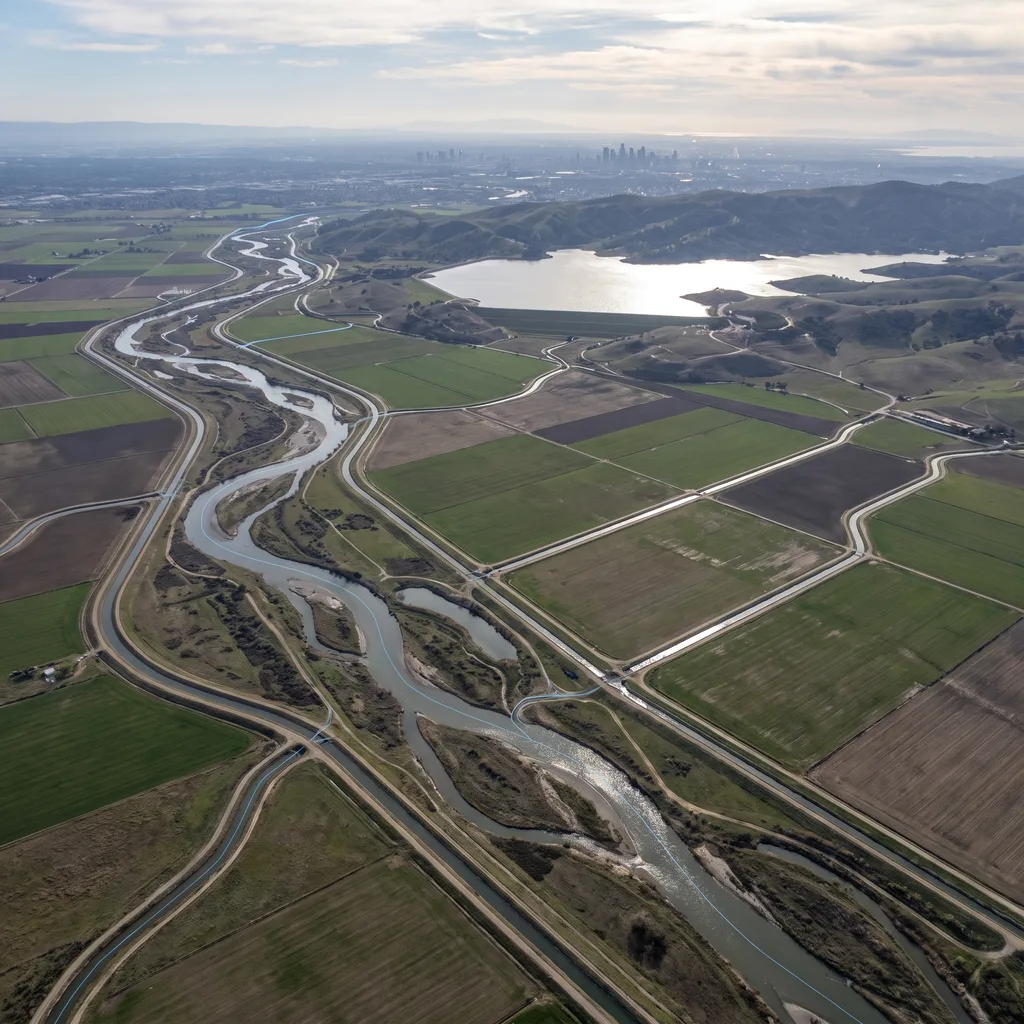 Aerial view of a river basin feeding irrigation canals toward farmland with a city on the horizon